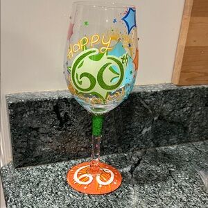 LOLITA 60th Birthday Hand-Painted Wine Glass with Pink Rim and Green Accent